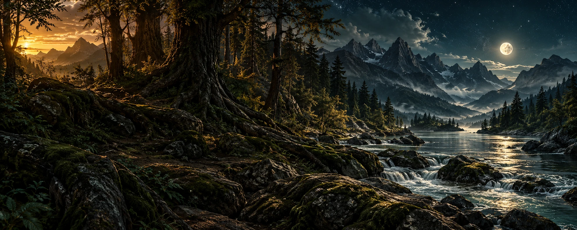 A quiet river moving through ancient forest towards moonlit mountains
