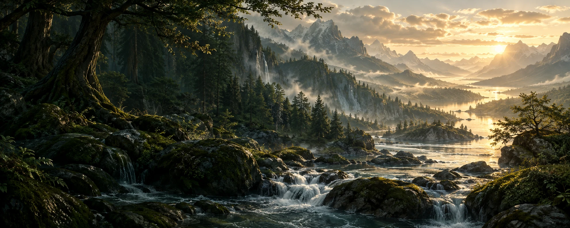 A river moving over ancient stones through woodland towards a golden mountain valley