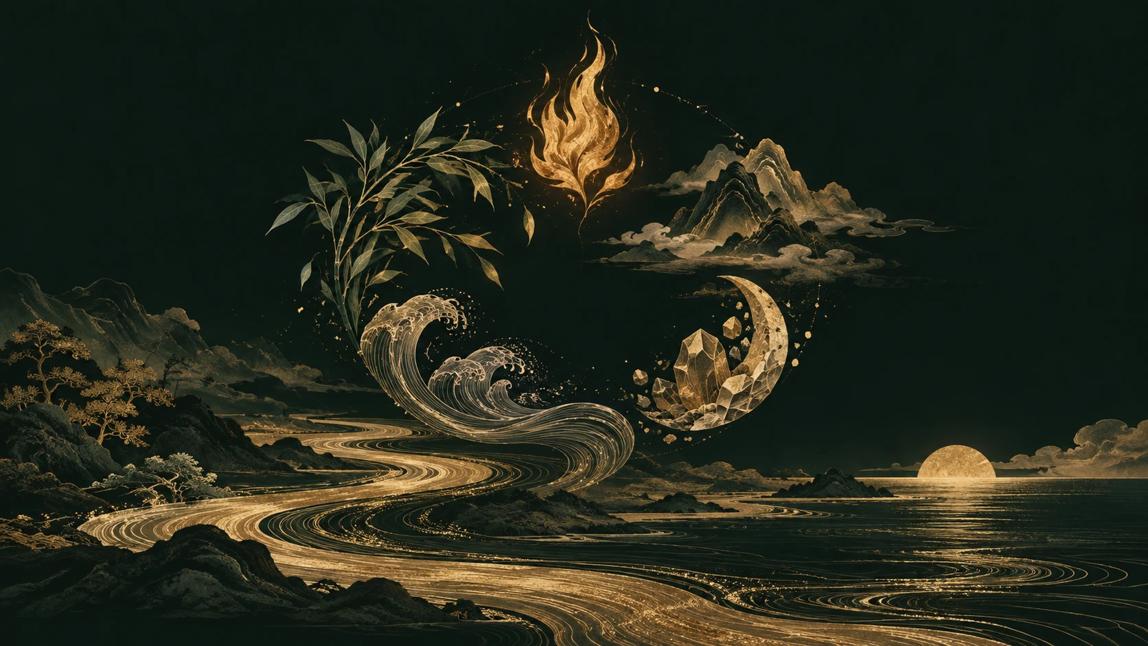A gold river flowing towards an ocean