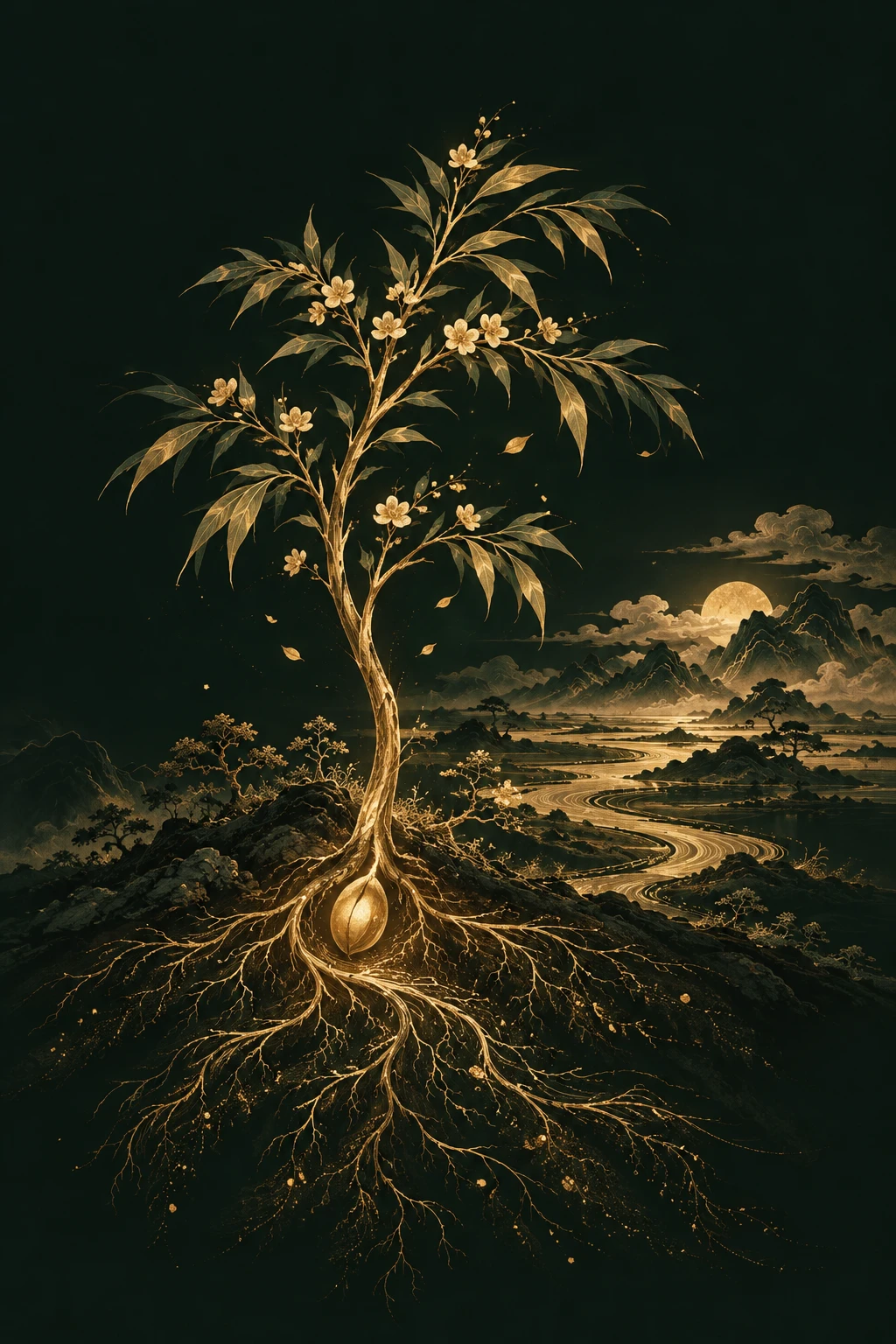 A golden seed held within the roots of a tree, overlooking a river and mountains